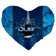 Surf, Surfboard With Water Drops On Blue Background Large 19  Premium Heart Shape Cushions