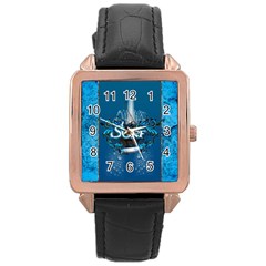 Surf, Surfboard With Water Drops On Blue Background Rose Gold Watches