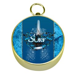 Surf, Surfboard With Water Drops On Blue Background Gold Compasses