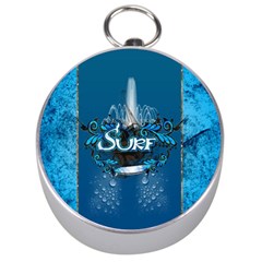 Surf, Surfboard With Water Drops On Blue Background Silver Compasses