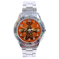 Wonderful Golden Clef On A Button With Floral Elements Stainless Steel Men s Watch