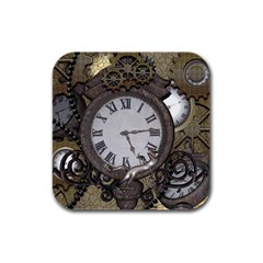 Steampunk, Awesome Clocks With Gears, Can You See The Cute Gescko Rubber Square Coaster (4 Pack) 