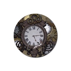 Steampunk, Awesome Clocks With Gears, Can You See The Cute Gescko Rubber Coaster (round) 