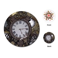 Steampunk, Awesome Clocks With Gears, Can You See The Cute Gescko Playing Cards (round) 