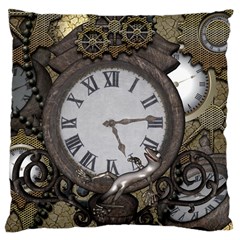 Steampunk, Awesome Clocks With Gears, Can You See The Cute Gescko Large Cushion Cases (one Side)  by FantasyWorld7