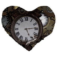 Steampunk, Awesome Clocks With Gears, Can You See The Cute Gescko Large 19  Premium Heart Shape Cushions by FantasyWorld7