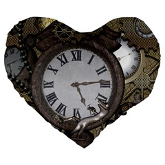 Steampunk, Awesome Clocks With Gears, Can You See The Cute Gescko Large 19  Premium Flano Heart Shape Cushions by FantasyWorld7