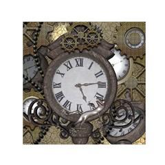 Steampunk, Awesome Clocks With Gears, Can You See The Cute Gescko Small Satin Scarf (square)  by FantasyWorld7