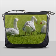 Group of White Geese Resting on the Grass Messenger Bags