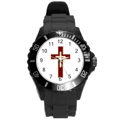 Red Christian Cross Round Plastic Sport Watch (l) by igorsin