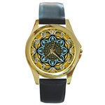 Blue floral fractal Round Gold Metal Watches Front