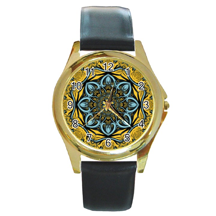 Blue floral fractal Round Gold Metal Watches