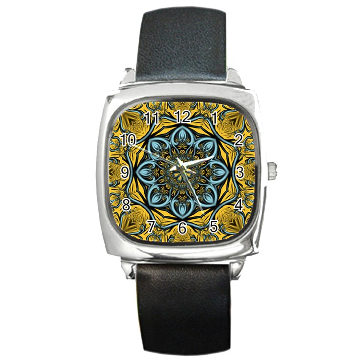 Blue floral fractal Square Metal Watches