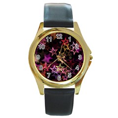 Sparkly Stars Pattern Round Gold Metal Watches by LovelyDesigns4U