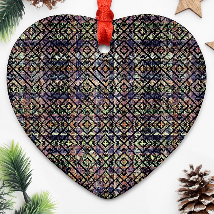 Multicolored Ethnic Check Seamless Pattern Ornament (Heart) 