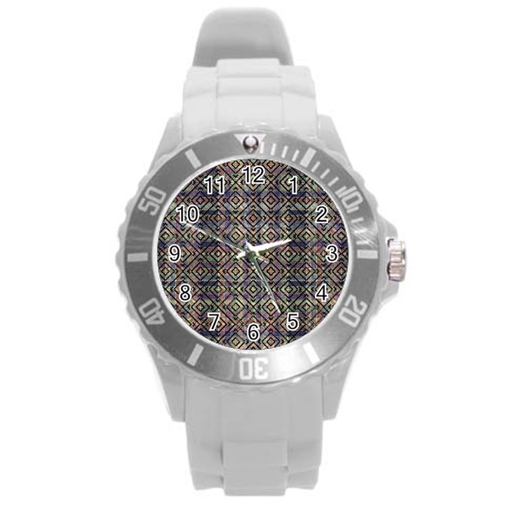 Multicolored Ethnic Check Seamless Pattern Round Plastic Sport Watch (L)