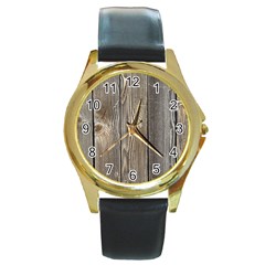 Wood Fence Round Gold Metal Watches by trendistuff