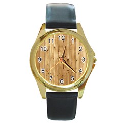 Light Wood Fence Round Gold Metal Watches by trendistuff