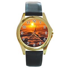 Sunset Over Clouds Round Gold Metal Watches by trendistuff