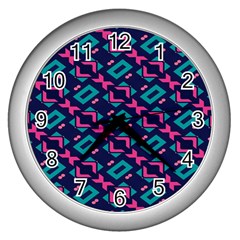 Pink And Blue Shapes Pattern Wall Clock (silver)