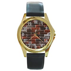 Red And Black Brick Wall Round Gold Metal Watches by trendistuff