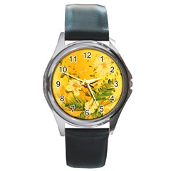 Wonderful Soft Yellow Flowers With Dragonflies Round Metal Watches