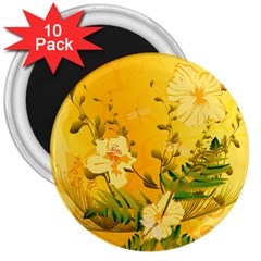 Wonderful Soft Yellow Flowers With Dragonflies 3  Magnets (10 Pack) 