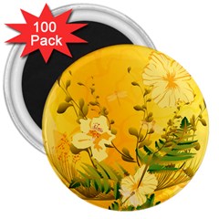 Wonderful Soft Yellow Flowers With Dragonflies 3  Magnets (100 Pack)