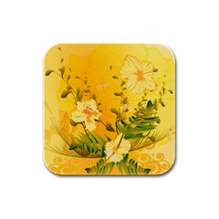 Wonderful Soft Yellow Flowers With Dragonflies Rubber Square Coaster (4 Pack)  by FantasyWorld7