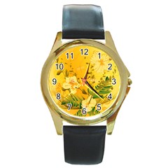 Wonderful Soft Yellow Flowers With Dragonflies Round Gold Metal Watches