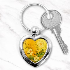 Wonderful Soft Yellow Flowers With Dragonflies Key Chains (heart)  by FantasyWorld7