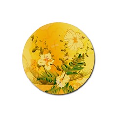 Wonderful Soft Yellow Flowers With Dragonflies Rubber Round Coaster (4 Pack) 