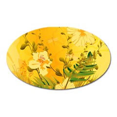 Wonderful Soft Yellow Flowers With Dragonflies Oval Magnet by FantasyWorld7