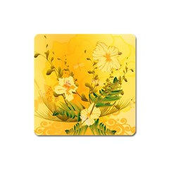 Wonderful Soft Yellow Flowers With Dragonflies Square Magnet by FantasyWorld7