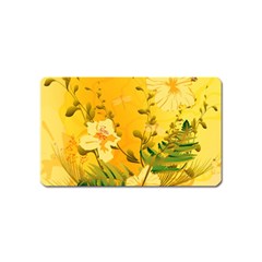 Wonderful Soft Yellow Flowers With Dragonflies Magnet (name Card)