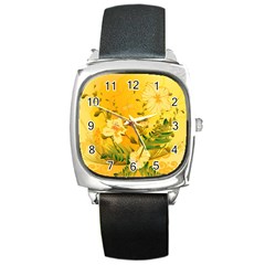 Wonderful Soft Yellow Flowers With Dragonflies Square Metal Watches by FantasyWorld7