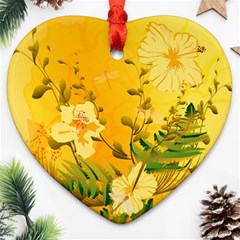 Wonderful Soft Yellow Flowers With Dragonflies Heart Ornament (2 Sides) by FantasyWorld7