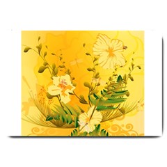 Wonderful Soft Yellow Flowers With Dragonflies Large Doormat  by FantasyWorld7