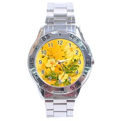 Wonderful Soft Yellow Flowers With Dragonflies Stainless Steel Men s Watch