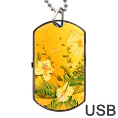 Wonderful Soft Yellow Flowers With Dragonflies Dog Tag Usb Flash (one Side) by FantasyWorld7