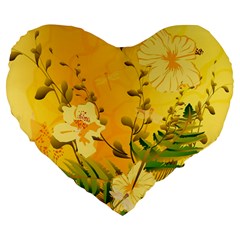 Wonderful Soft Yellow Flowers With Dragonflies Large 19  Premium Heart Shape Cushions