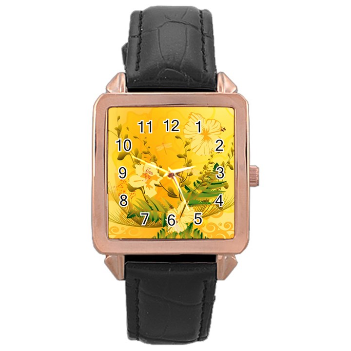 Wonderful Soft Yellow Flowers With Dragonflies Rose Gold Watches