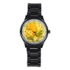 Wonderful Soft Yellow Flowers With Dragonflies Stainless Steel Round Watches