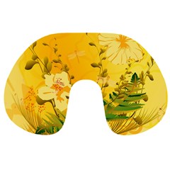 Wonderful Soft Yellow Flowers With Dragonflies Travel Neck Pillows