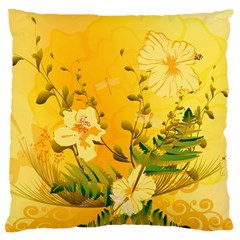 Wonderful Soft Yellow Flowers With Dragonflies Large Flano Cushion Cases (one Side) 