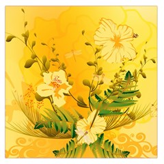 Wonderful Soft Yellow Flowers With Dragonflies Large Satin Scarf (square)