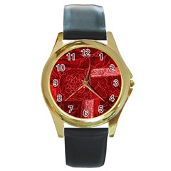 Red Patchwork Round Gold Metal Watches by trendistuff