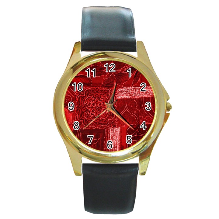 RED PATCHWORK Round Gold Metal Watches