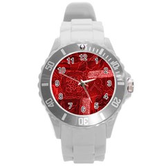 Red Patchwork Round Plastic Sport Watch (l) by trendistuff