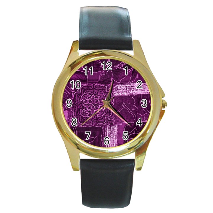 MAGENTA PATCHWORK Round Gold Metal Watches